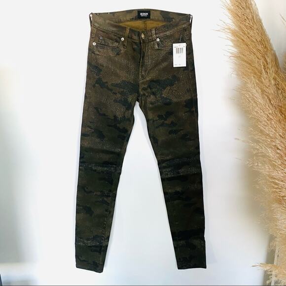 NEW HUDSON Tan Olive Sparkle Camo Nico Mid Rise Super Skinny Denim Jeans 26 - Picture 2 of 10